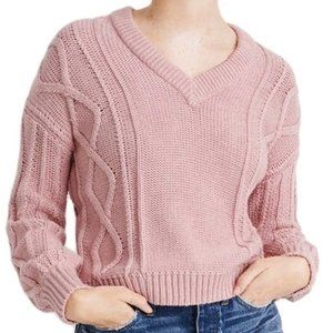 Madewell Pink Augustus Cable Knit Vneck Sweater Women's